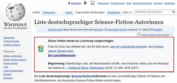 Die alten, weißen Männer bei der deutschen Wikipedia möchten keine Liste von SF-Autorinnen