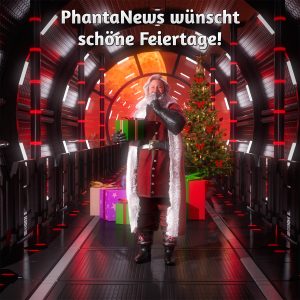 Das Bild zeigt eine futuristische Weihnachtsdarstellung. In der Mitte steht ein Santa Claus in einem modernen, rot-schwarzen Outfit mit weißem Fellbesatz. Er hält ein grünes Geschenk mit einer roten Schleife in der Hand und lächelt freundlich. Im Hintergrund steht ein geschmückter Weihnachtsbaum mit roten Schleifen und einer leuchtenden Spitze. Daneben liegen weitere Geschenke in buntem Geschenkpapier. Die Szene spielt in einem futuristischen Korridor mit einer metallischen, rot beleuchteten Struktur. Durch das Fenster im Hintergrund ist ein großer, orangefarbener Planet oder Stern zu sehen. Oben im Bild steht der Text: „PhantaNews wünscht schöne Feiertage!“ in weißer Schrift.