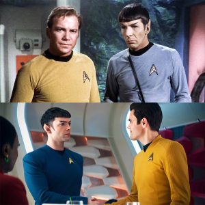 Oberes Bild William Shanter als Kirk und Leonard Nimoy als Spock in TOS Unteres Bild Ethan Peck als Spock und Paul Wesley als Kirk