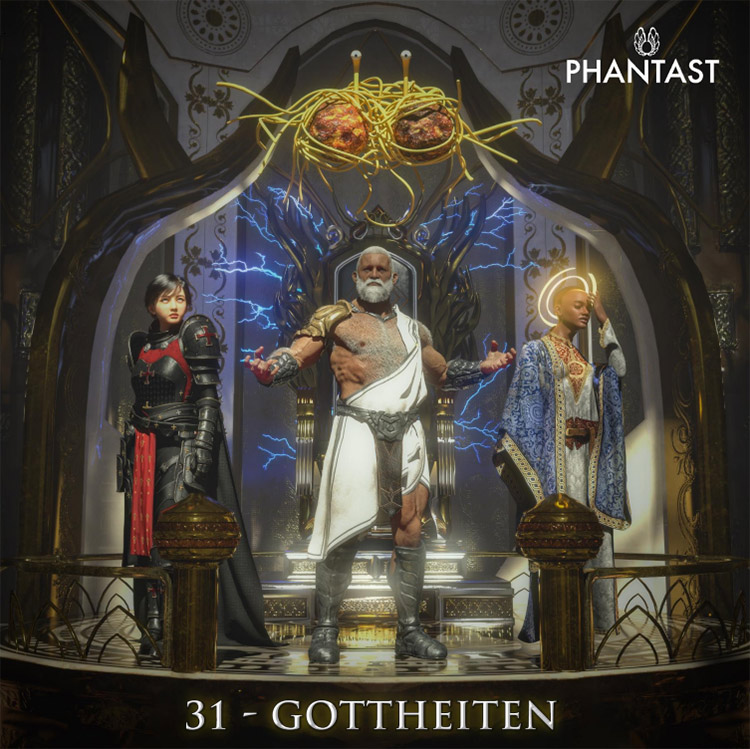 Fantasie-Kunstwerk mit dem Titel 'PHANTAST - 31 GOTTHEITEN'. Drei göttliche Figuren stehen nebeneinander auf einem erhöhten Podest in einem prächtigen, kathedralenartigen Thronsaal. Die linke Figur ist eine junge Frau in schwarzer Rüstung mit roten Akzenten. Die mittlere Figur ist ein älterer Mann mit langem weißen Bart, gekleidet in eine weiße Toga mit braunem Leder, die Arme ausgestreckt in einer arroganten Geste. Die rechte Figur hat einen leuchtend goldenen doppelten Heiligenschein und ein elegantes blaues, besticktes Gewand mit goldenen Verzierungen. Hinter ihnen schwebt ein großes, goldenes Spaghetti-Monster mit zwei Augen über dem Thron. Der Raum ist symmetrisch gestaltet mit gotischen Bögen, elektrischen blauen Blitzen im Hintergrund und ornamentalen Details an den Wänden