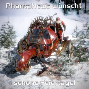 Weihnachtsmann auf einem roten Steampunk-Schlitten in einer Winterlandschaft