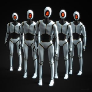 Einige schlanke, weiße, humanoide Roboter, die im "Gesicht" "NoAI" stehen haben.