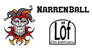 Promo-Grafik Narrenball, Harlekin-Kopf, Schrift "Narrenball" und Löf-Logo