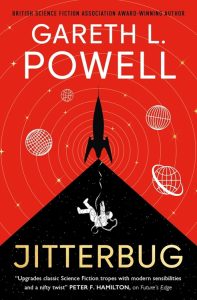 Book cover of "Jitterbug" by award-winning author Gareth L. Powell. The design features a bold red background with a black triangle at the bottom. A rocket launches upwards from the triangle, while an astronaut in a white suit floats below, tethered by a line. The title "Jitterbug" is in large gold letters, and the author's name is in white at the top. The cover includes retro-futuristic elements and glowing wireframe planets.